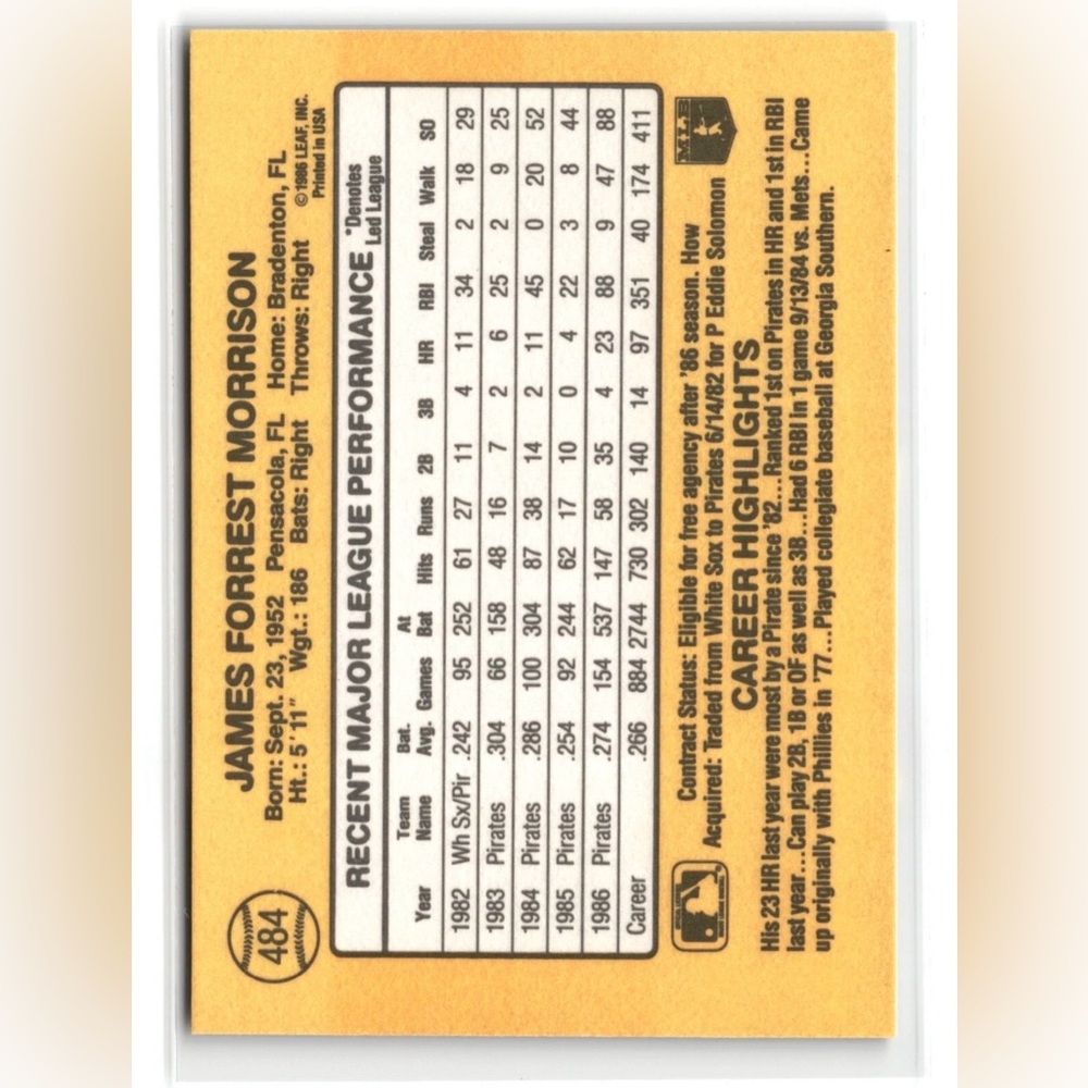 1987 Donruss - Jim Morrison #484 Pittsburgh Pirates Baseball Card NM - Picture 4 of 6